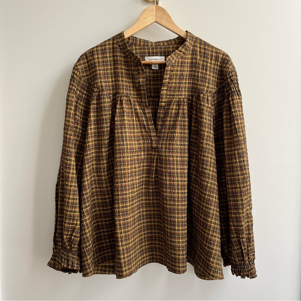 [treasure & bond] smocked shoulder popover blouse brown demitasse plaid 3X